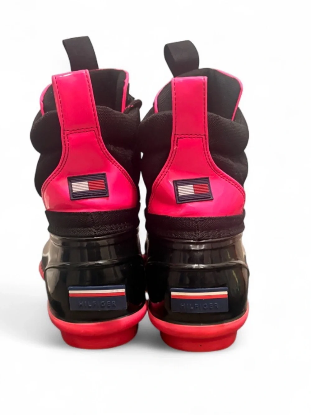 Tommy Hilfiger Black and Pink Glossy Waterproof Lace-Up Rain Boots